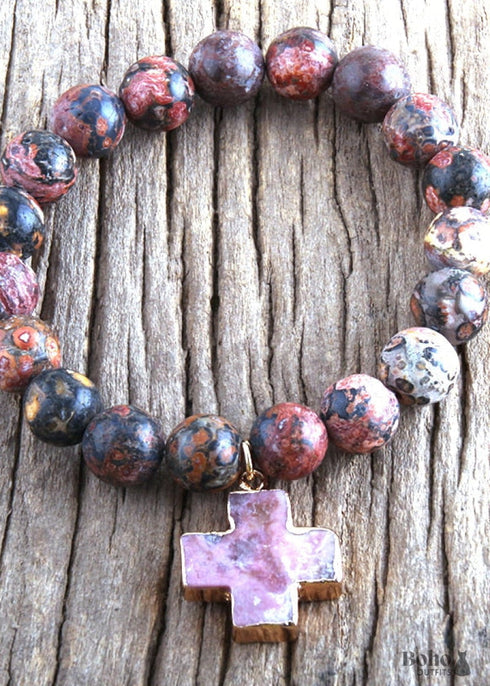 Boho Bracelet, RH Natural Stones Pink Cross